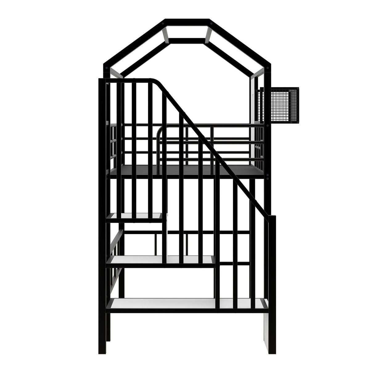 Metal Loft Bed With Roof Design and Storage Box with Guardrails and Integrated Ladder - Twin