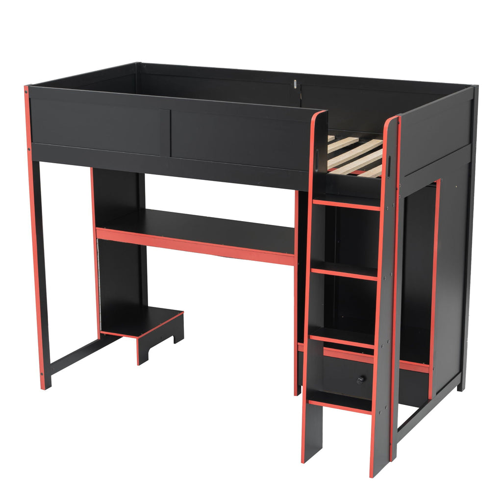 Gaming Loft Bed with Built-In Desk, Wardrobe & LED Lighting - Black