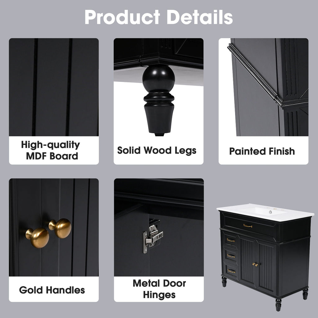 Bathroom Vanity With Sink and Drawers - Freestanding Solid Wood Cabinet