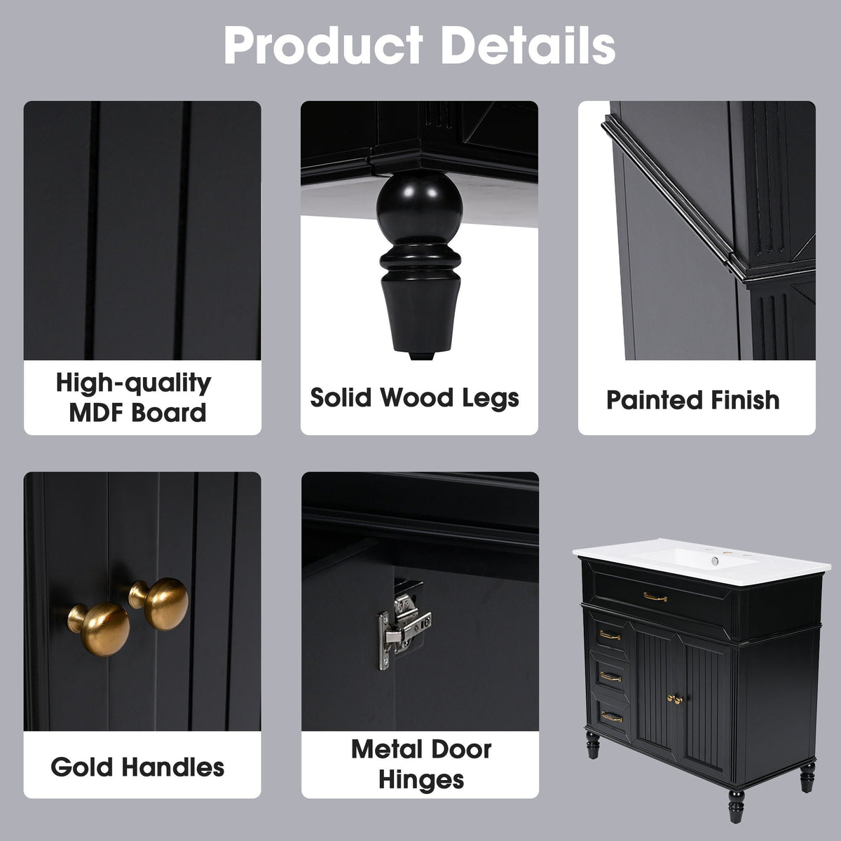 Bathroom Vanity With Sink and Drawers - Freestanding Solid Wood Cabinet