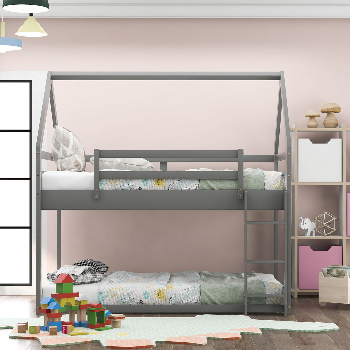 Low Bunk Bed With House Shaped Frame and Ladder - Twin Over Twin