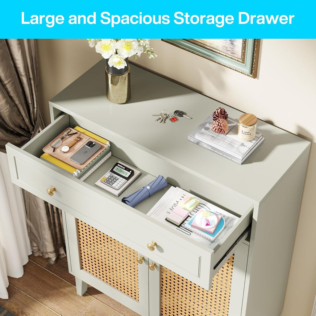 Mint Green Shoe Cabinet With Rattan Doors and Drawer - 4 Tier Storage Organizer