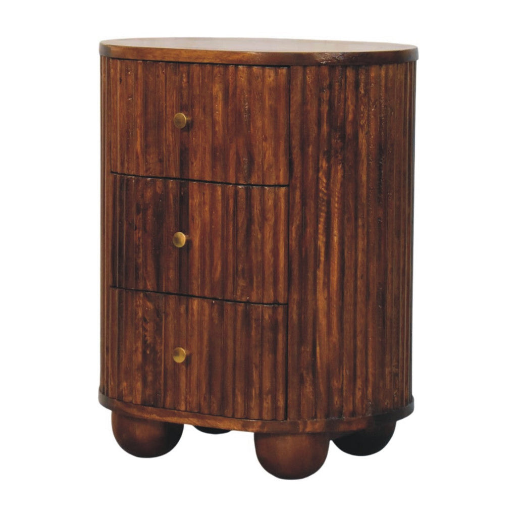 Solid Wood Curved Fluted Nightstand with Three Drawers - Chestnut