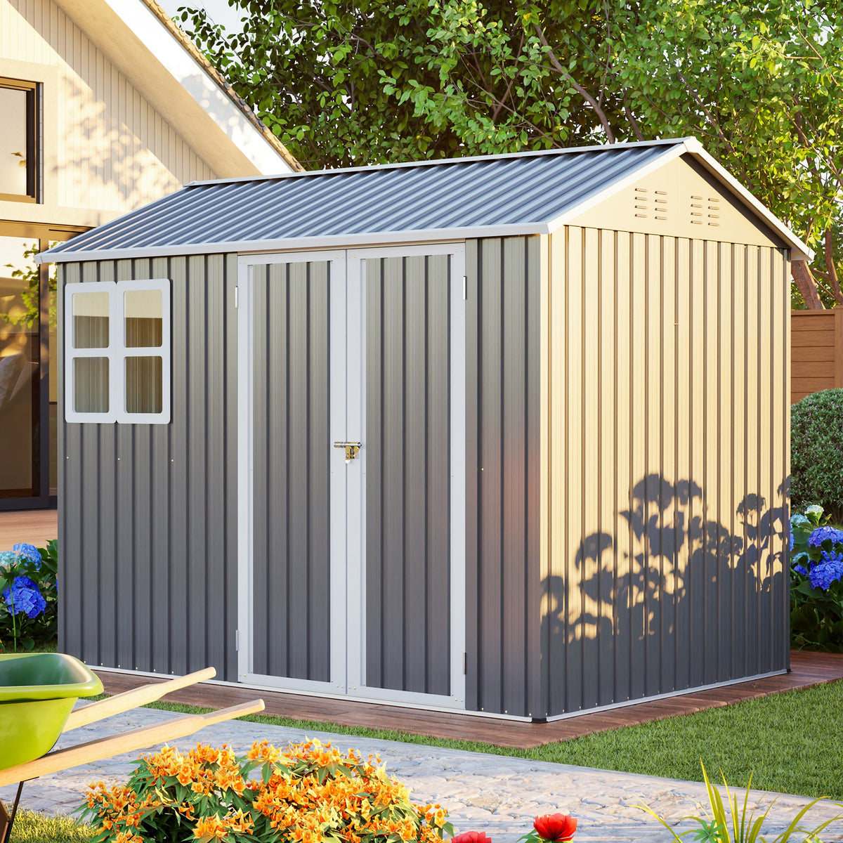 Large Steel Storage Shed with Window & Lockable Doors - Gray
