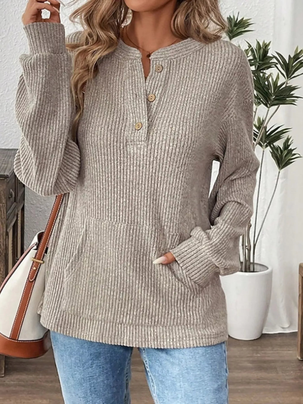 Ribbed Button Detail Long Sleeve T-Shirt