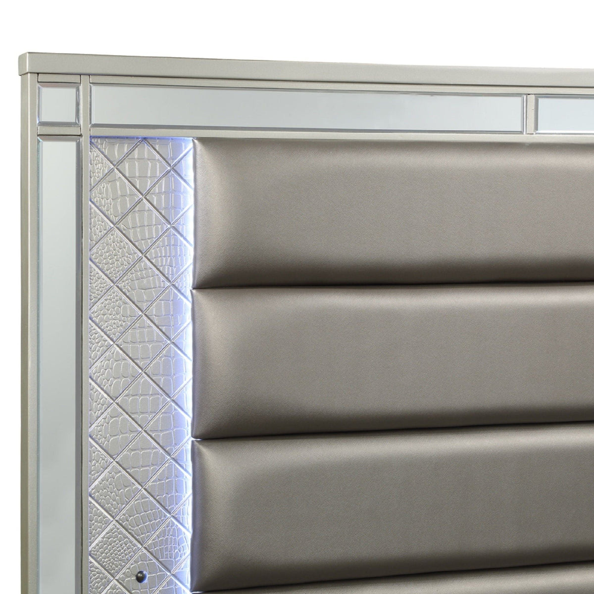 Modern Panel Bed with Tufted Design and LED Lighting - Pearl Silver