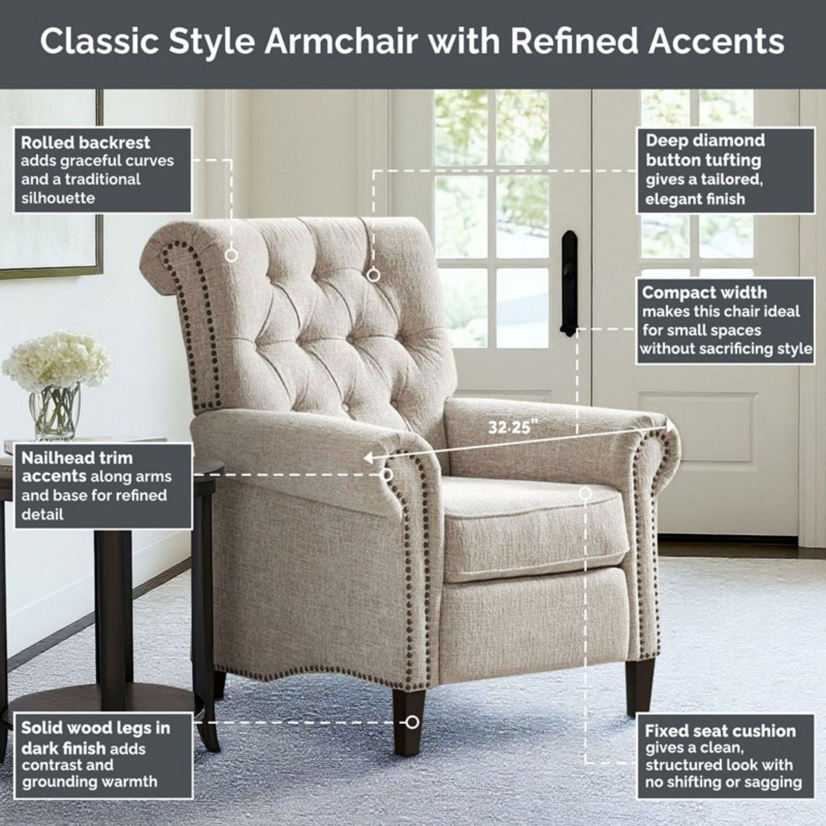 Cream Push Back Recliner Chair with Tufted Back and Nailhead Trim