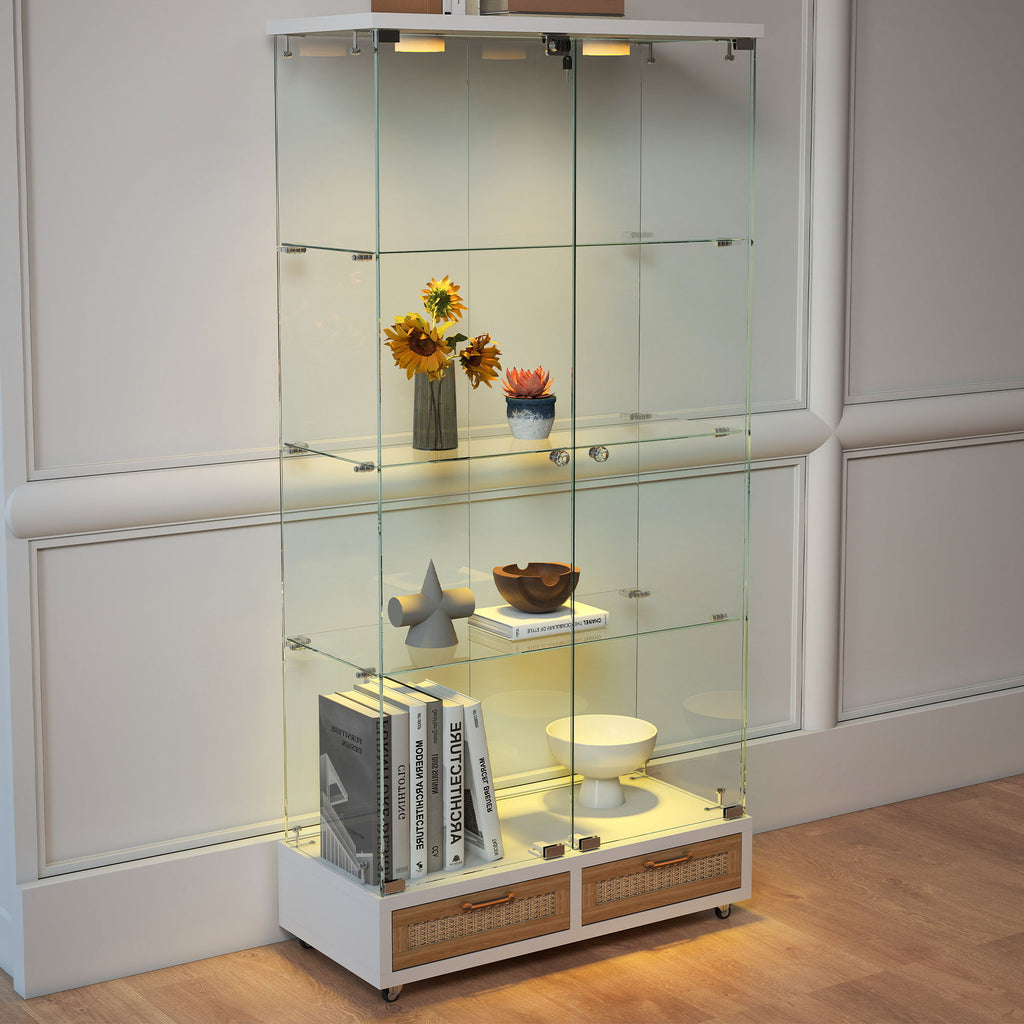 Glass Display Cabinet with LED Lights and Large Drawers - Natural / White