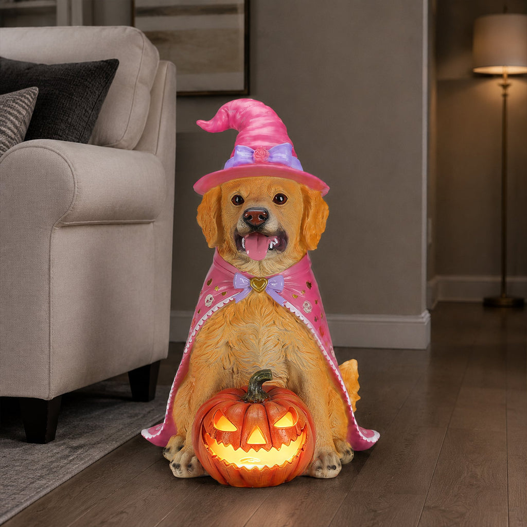 Halloween Golden Retriever Dog Statue with Light-Up Pumpkin - Multicolor