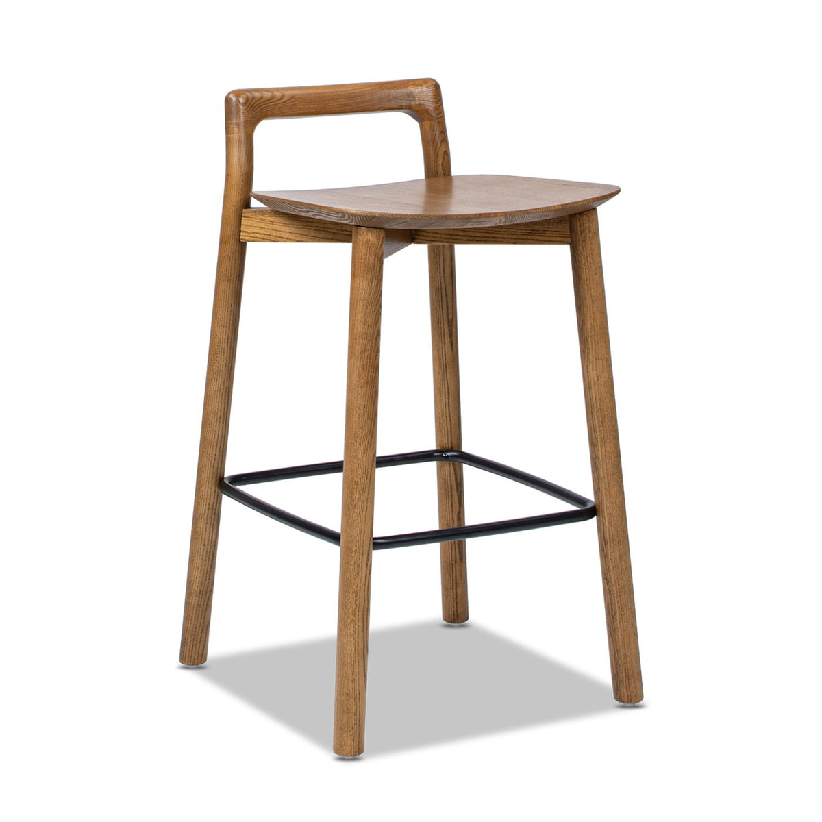 Modern Minimalist Low Back Counter Stool with Ash Wood Construction - Dark Brown Walnut