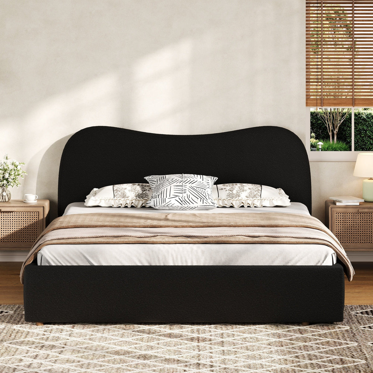 King Size Upholstered Platform Bed with Wooden Slats - Black or White