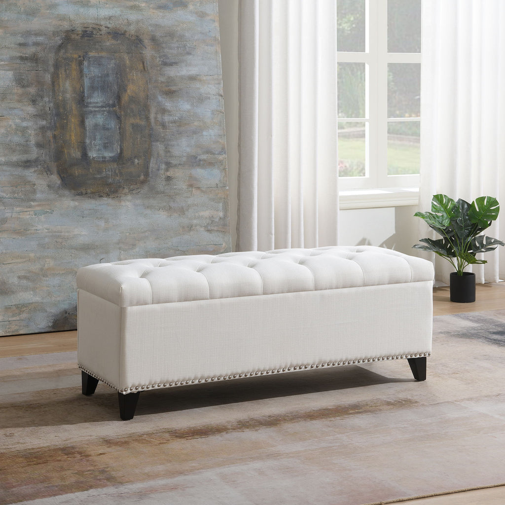 Button-Tufted Storage Ottoman with Safety Close Hinge - Light Brown or Black