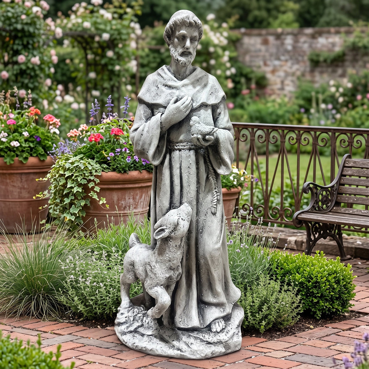 Magnesium Oxide Saint Statue with Lamb - Weatherproof Religious Sculpture