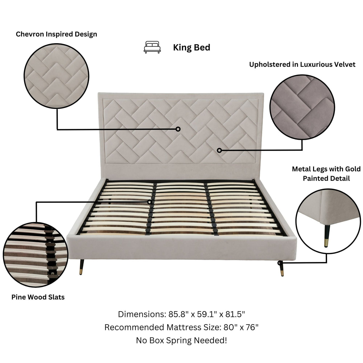 Upholstered Bed with Headboard and Slats - Multiple Colors