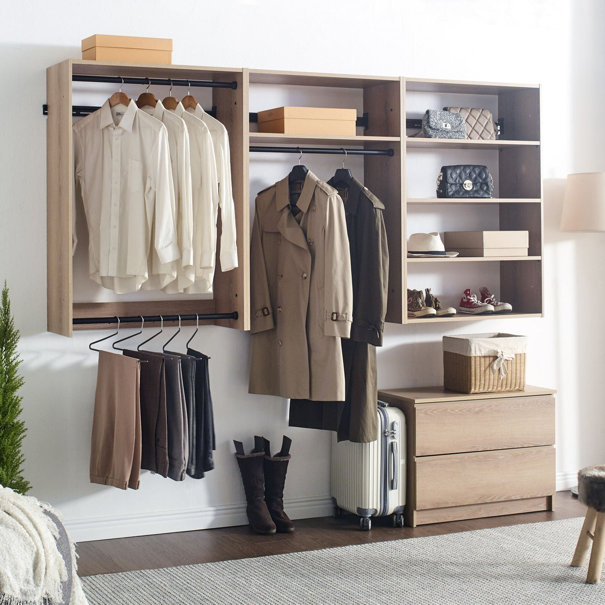 Wall Mounted Wood Closet System with Modular Units – White or Light Brown