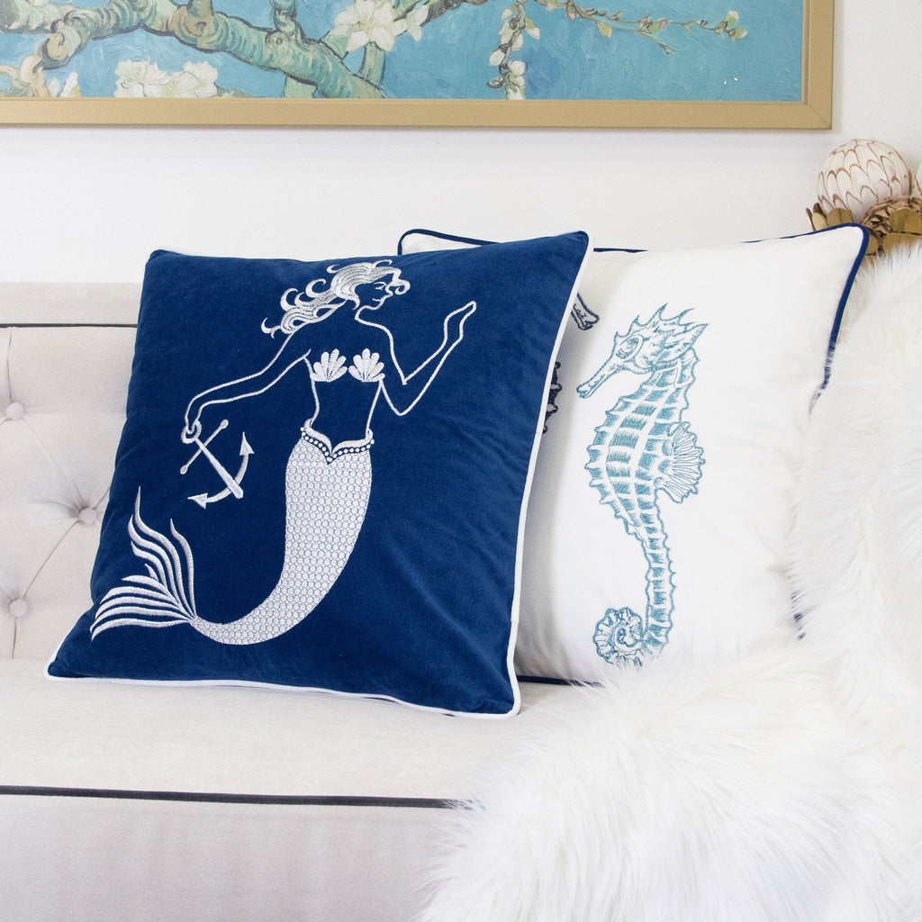 Indigo Mermaid Pillow Cover with Matching Back and Hidden Zipper