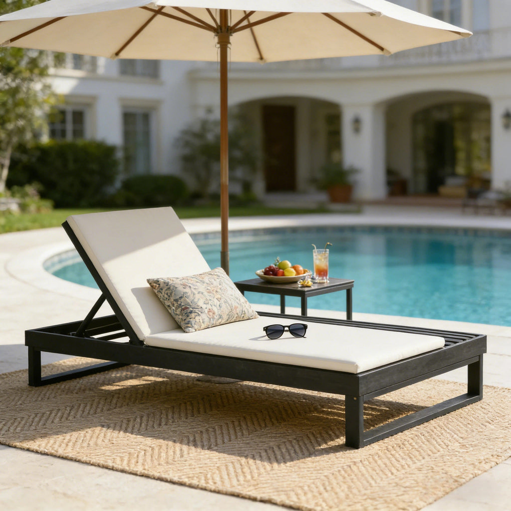 Black Acacia Wood Chaise Lounge with Cushions – Black