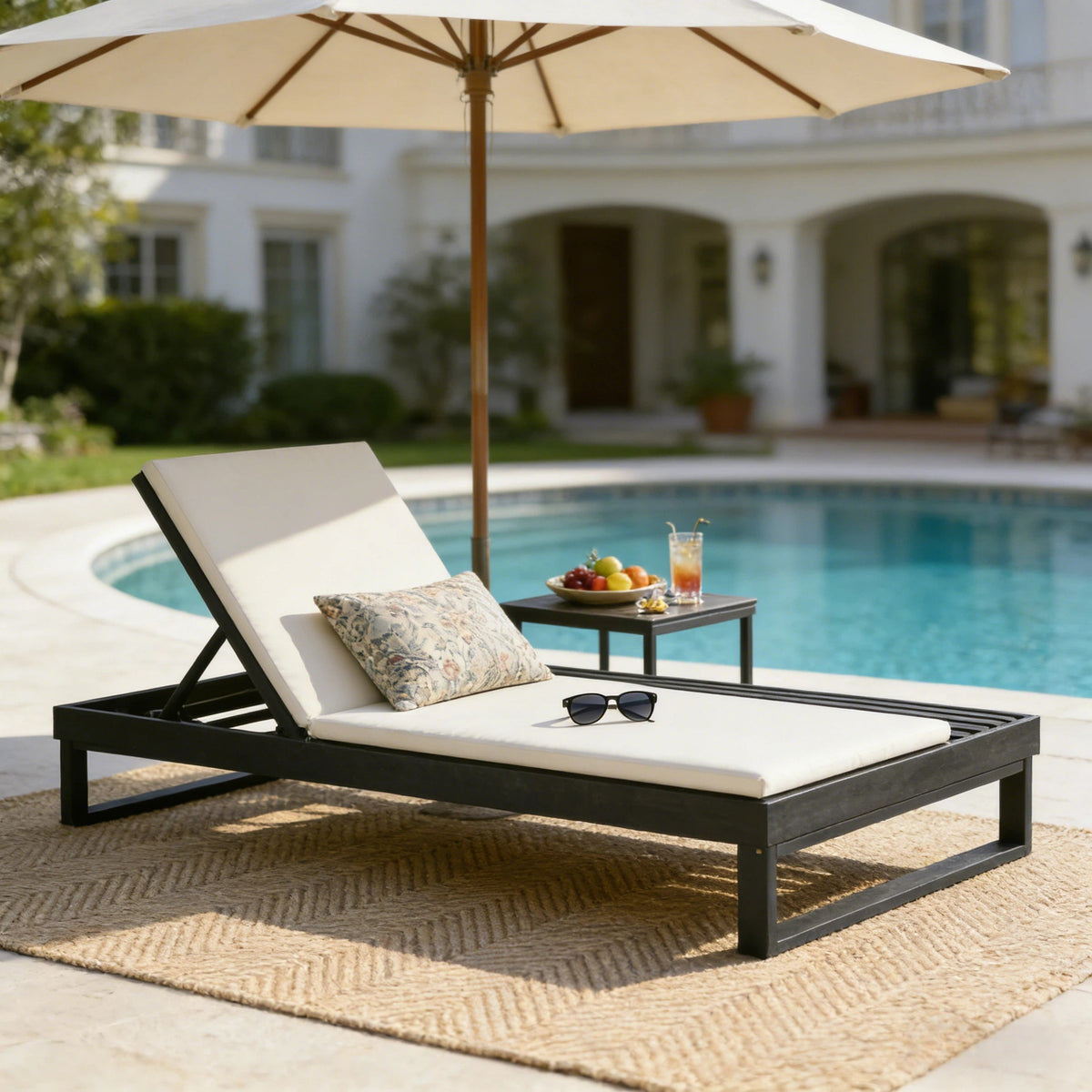 Black Acacia Wood Chaise Lounge with Cushions – Black