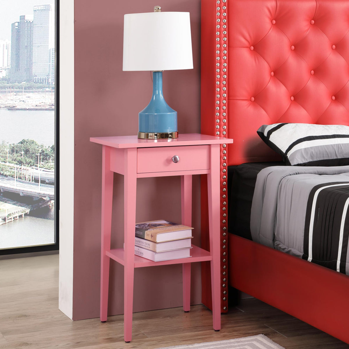 Wood Nightstand with Drawer and Shelf - Multiple Colors