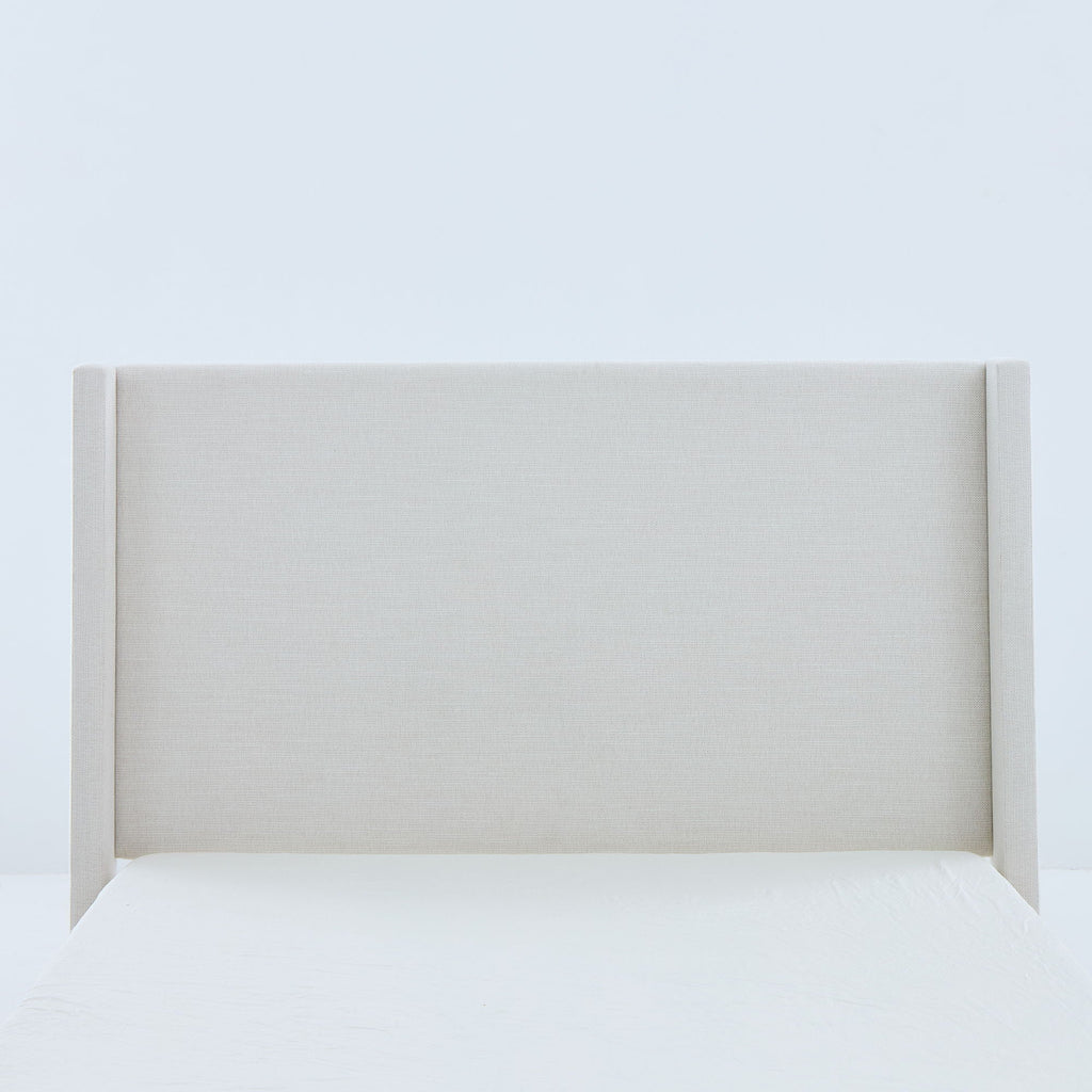 Queen Upholstered Wingback Bed with 54" High Headboard - Ivory / Light Gray / Camel Oak
