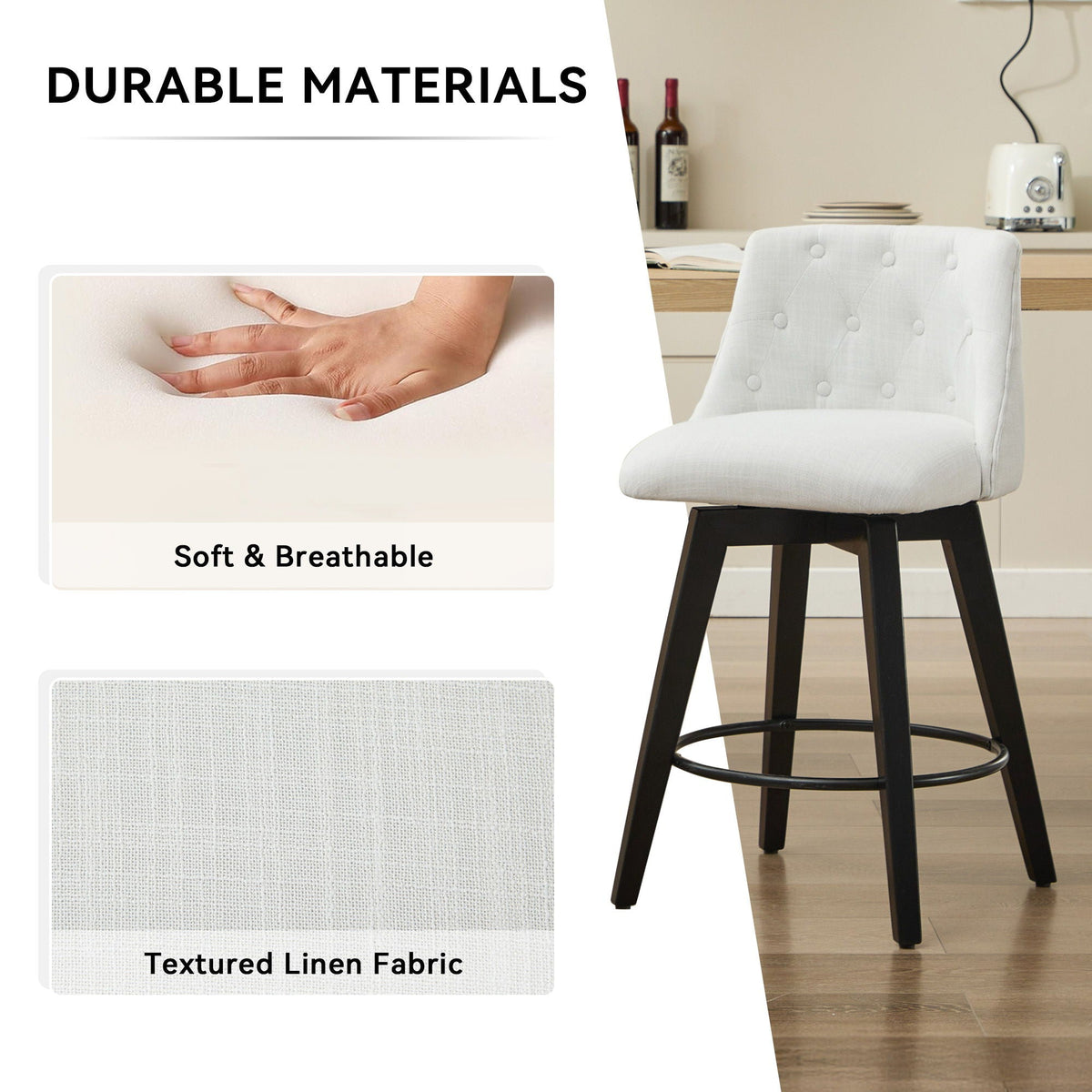 Swivel Bar Stools with Button Tufted Back - White