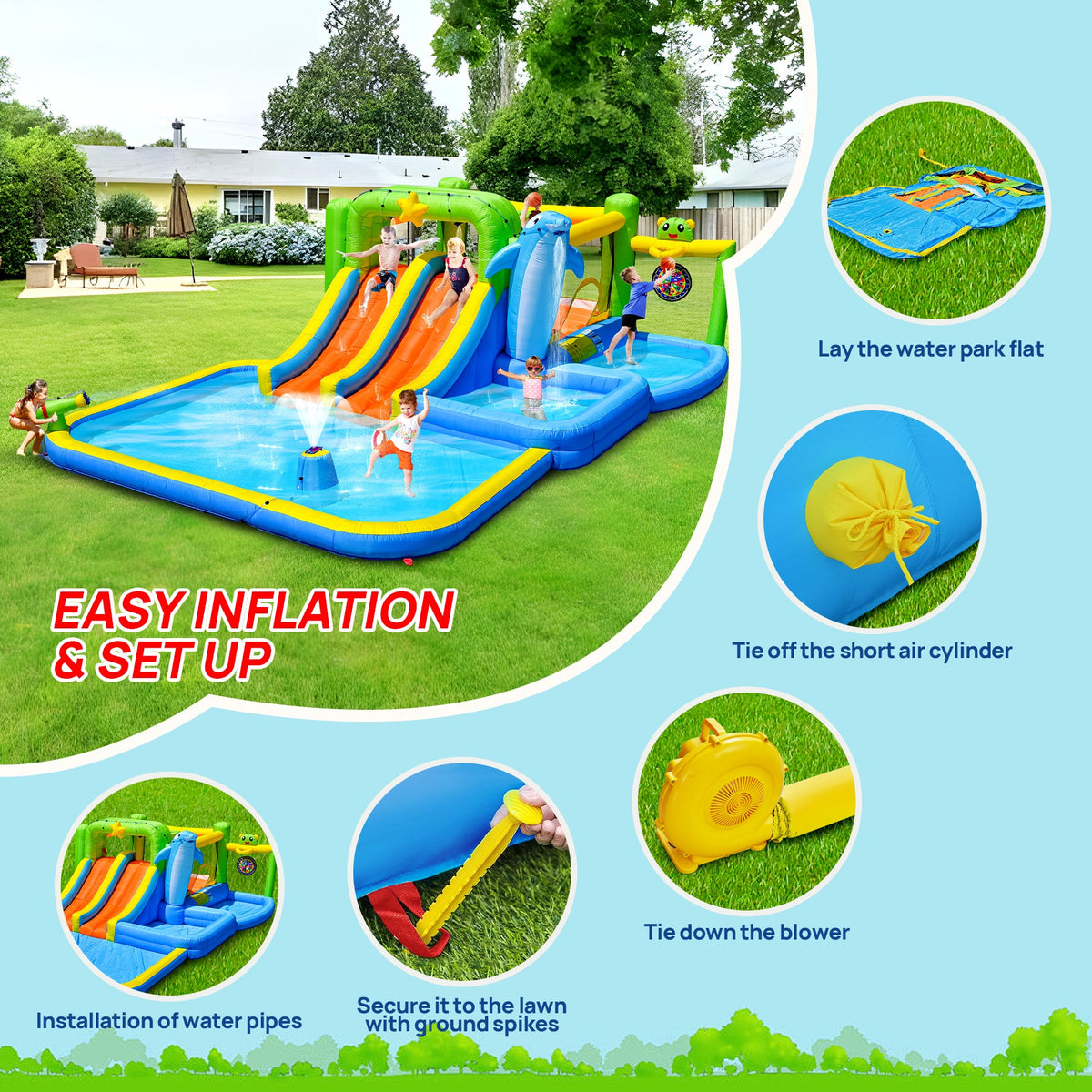 9-in-1 Inflatable Bounce House with Water Features - Multicolor