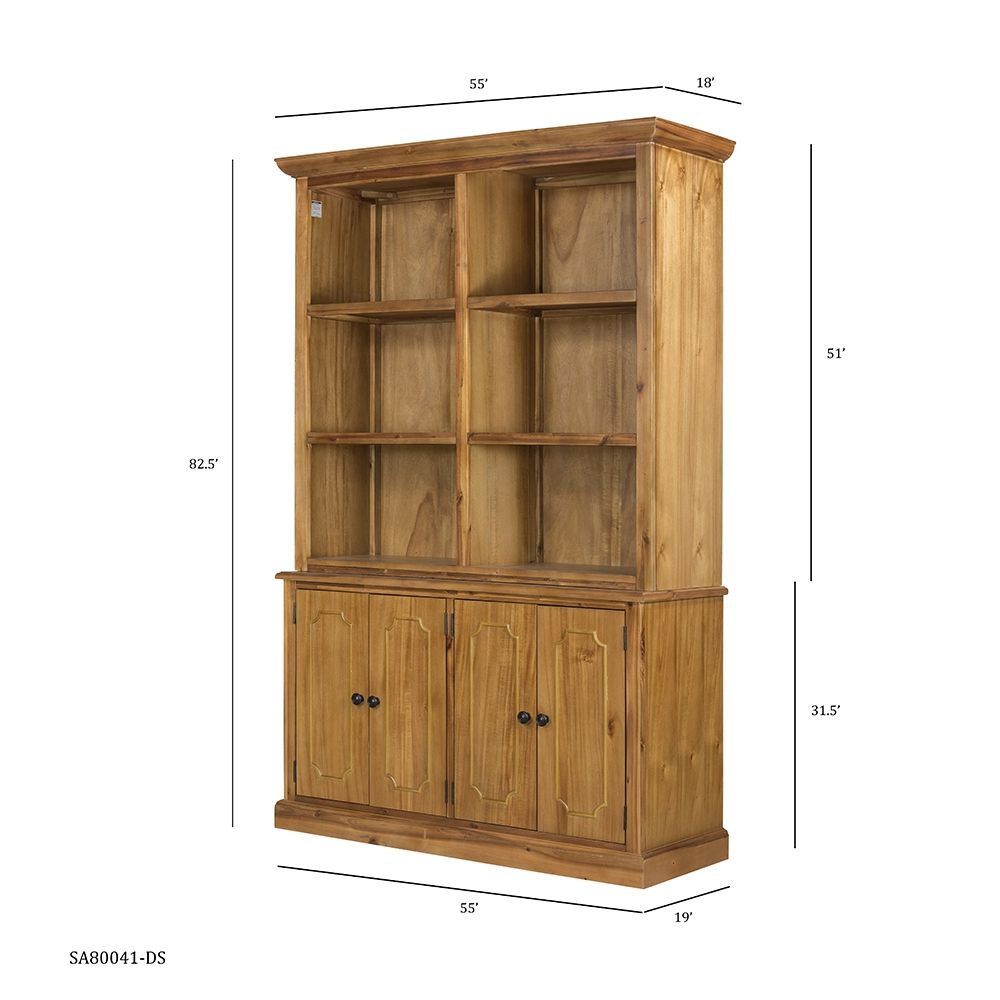 French Country Wood Cabinet Bookcase with Solid Acacia Construction - Light Brown or White