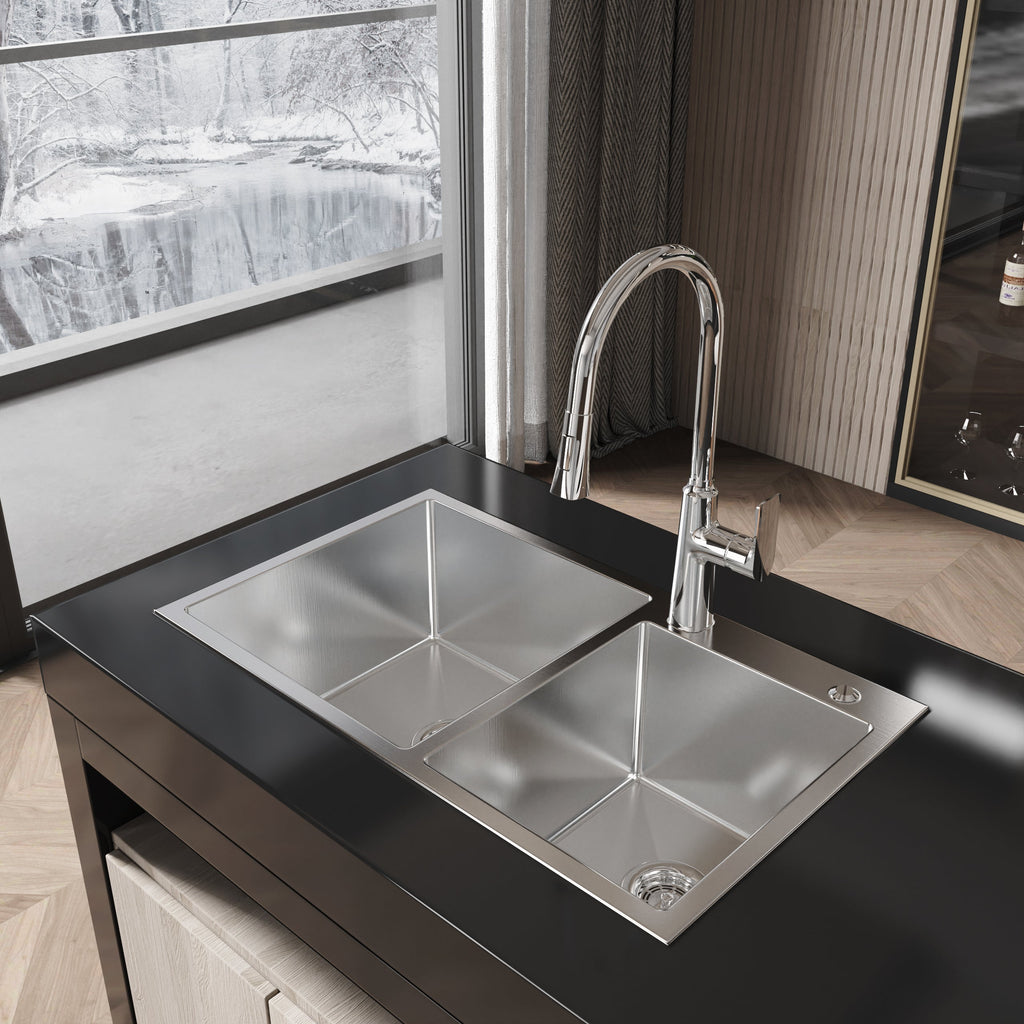 Stainless Steel Kitchen Sink with Double Bowl - Brushed Nickel