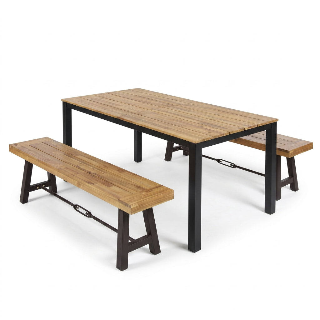 Outdoor Acacia Wood Dining Set with 71" Table & 2 Benches - Black/Teak