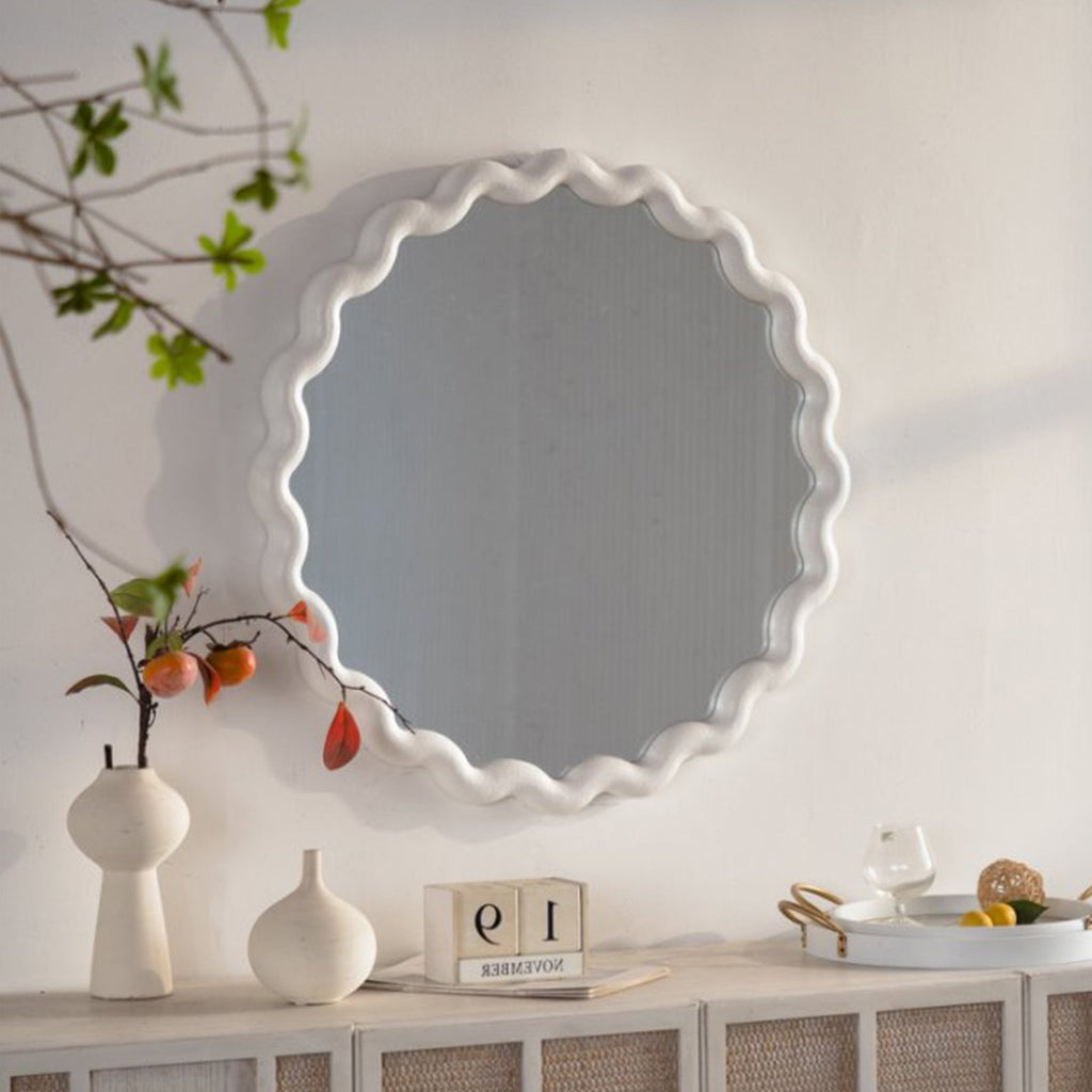 White Scalloped Round Wall Mirror with Decorative Wavy Frame - White
