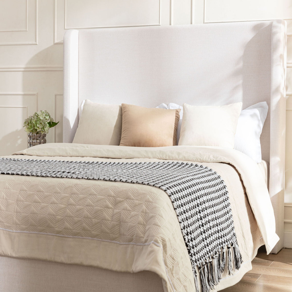 Tall Headboard Upholstered Bed with No Box Spring Needed - Cream