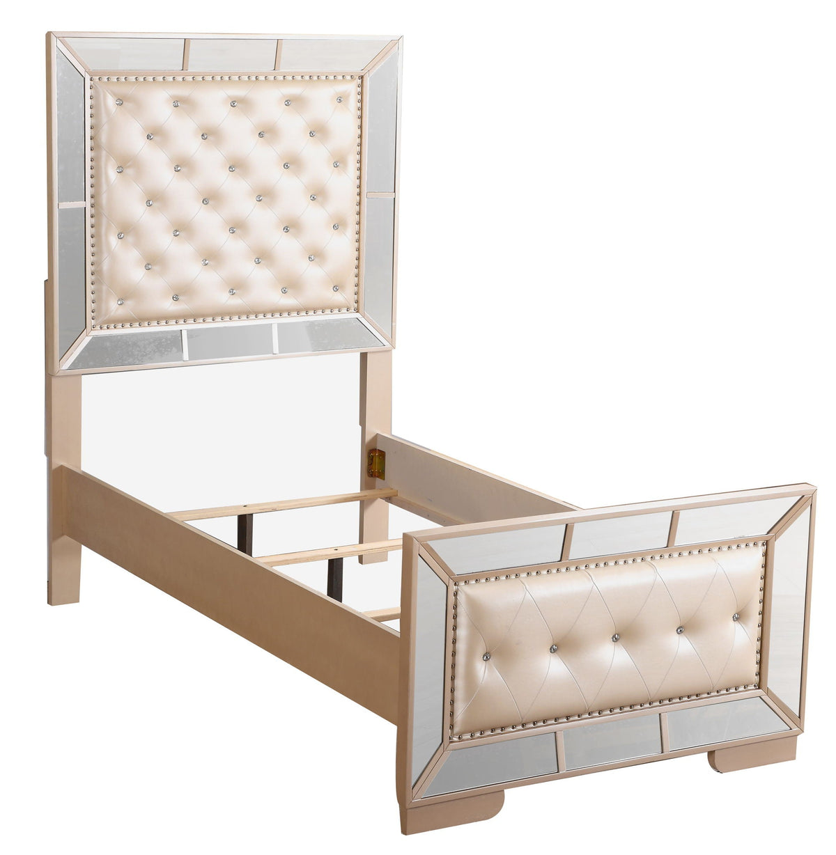 Contemporary Panel Bed with Mirrored Accents - Beige or Pearl Silver