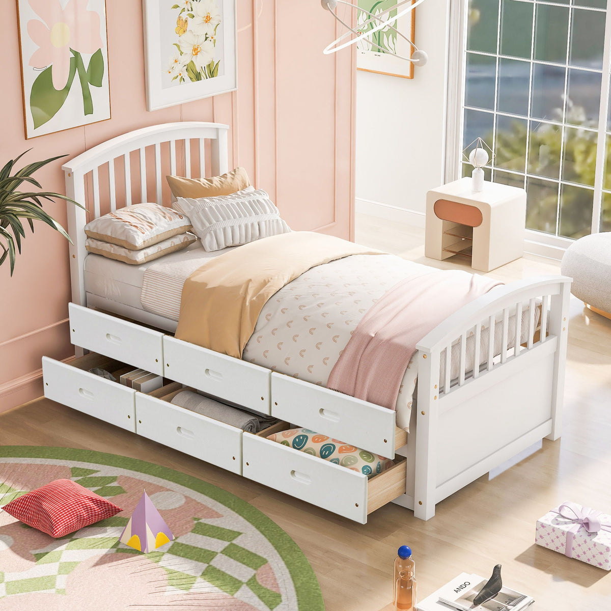 Solid Wood Twin Storage Bed with 6 Drawers - Multiple Colors