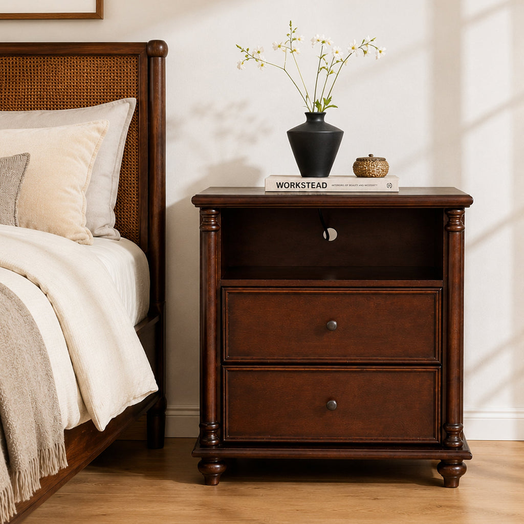 28" Rustic Nightstand with Charging Station - Walnut