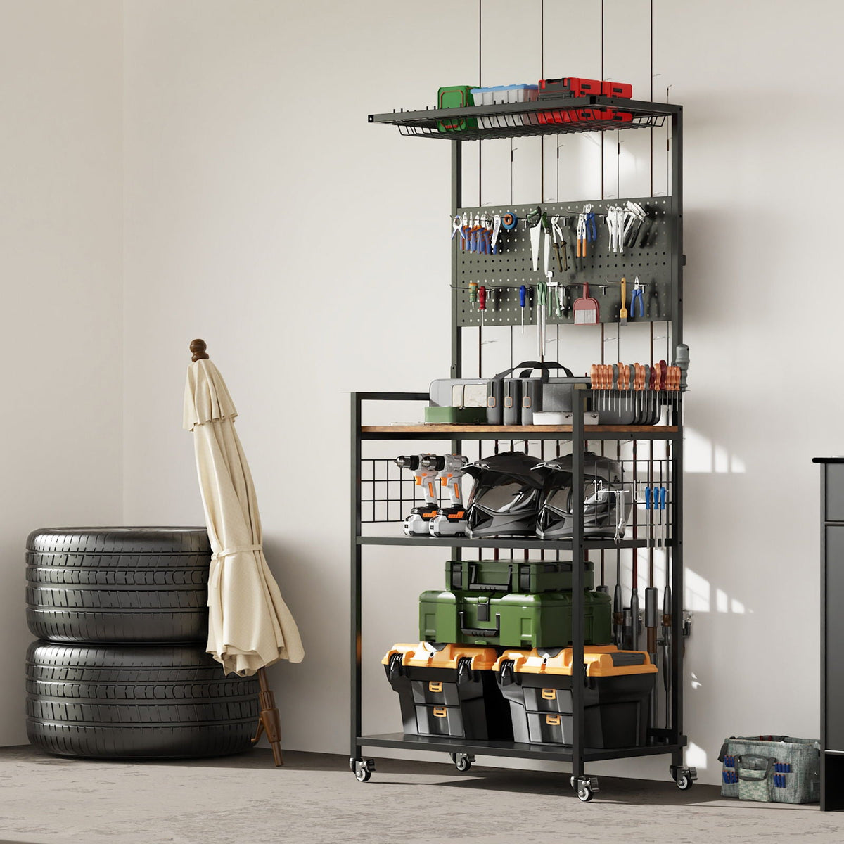 Fishing Rod Storage Rack with Pegboard - Rolling Tackle Organizer Cart - Black