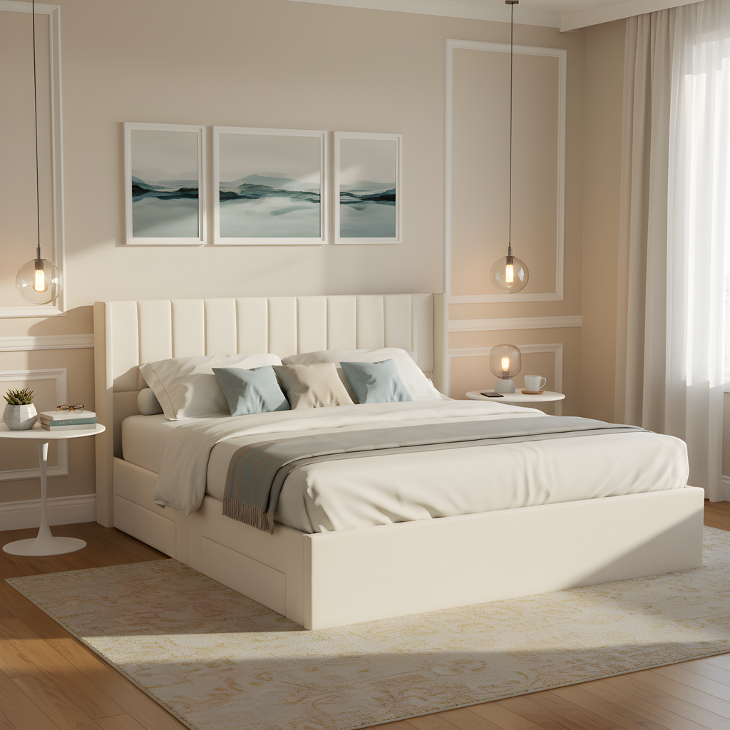 Large-Capacity Upholstered Storage Bed with Drawers - Light Beige
