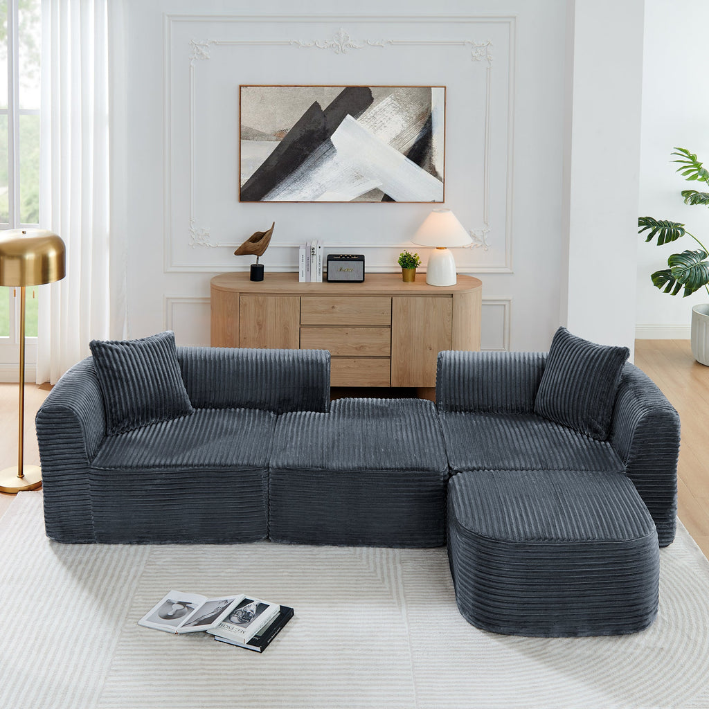 114" Cloud Sectional Couch with L-Shape Chaise – Corduroy Modular Sofa - Black or Grey