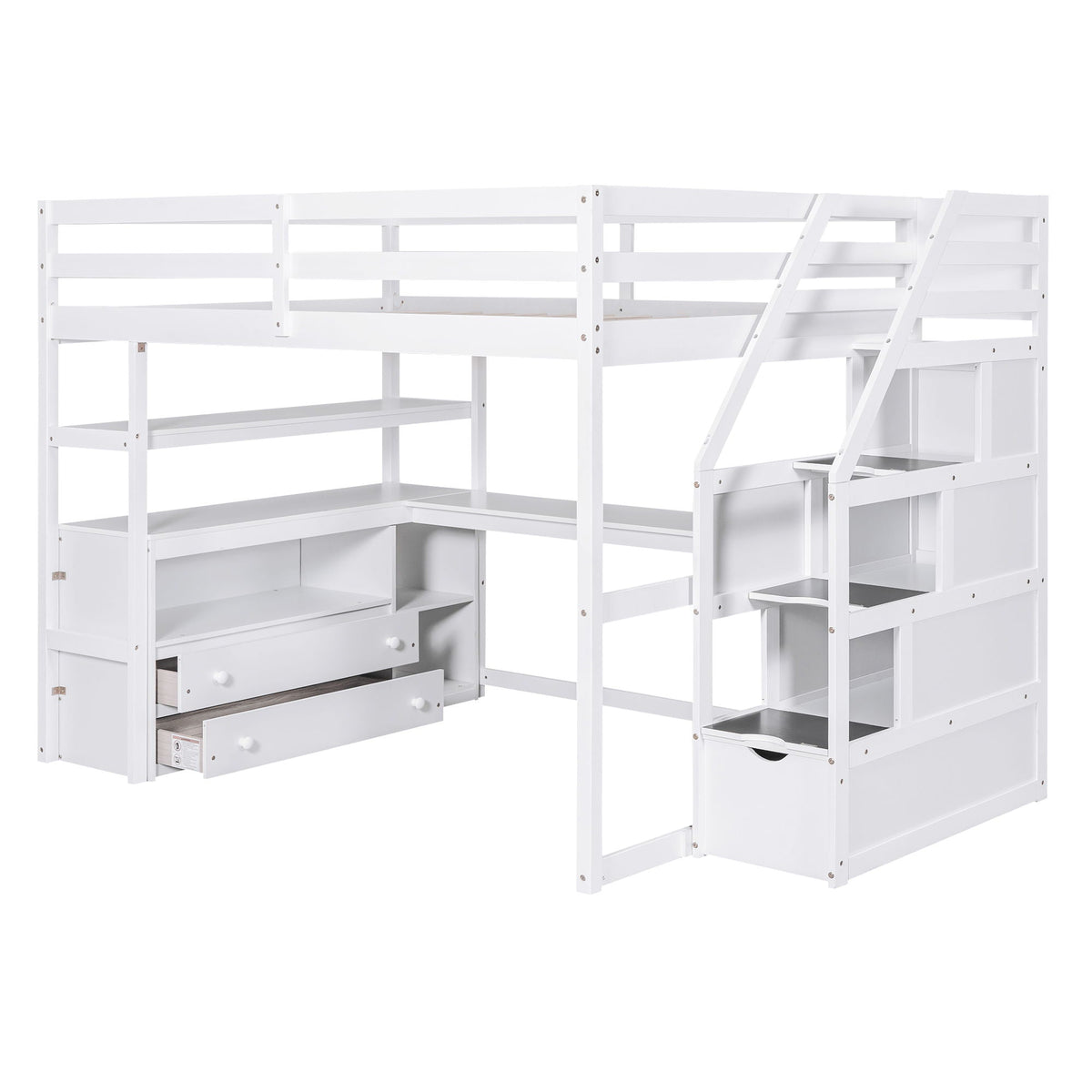 Loft Bed with Desk and Storage Staircase - Full or Twin, White or Gray