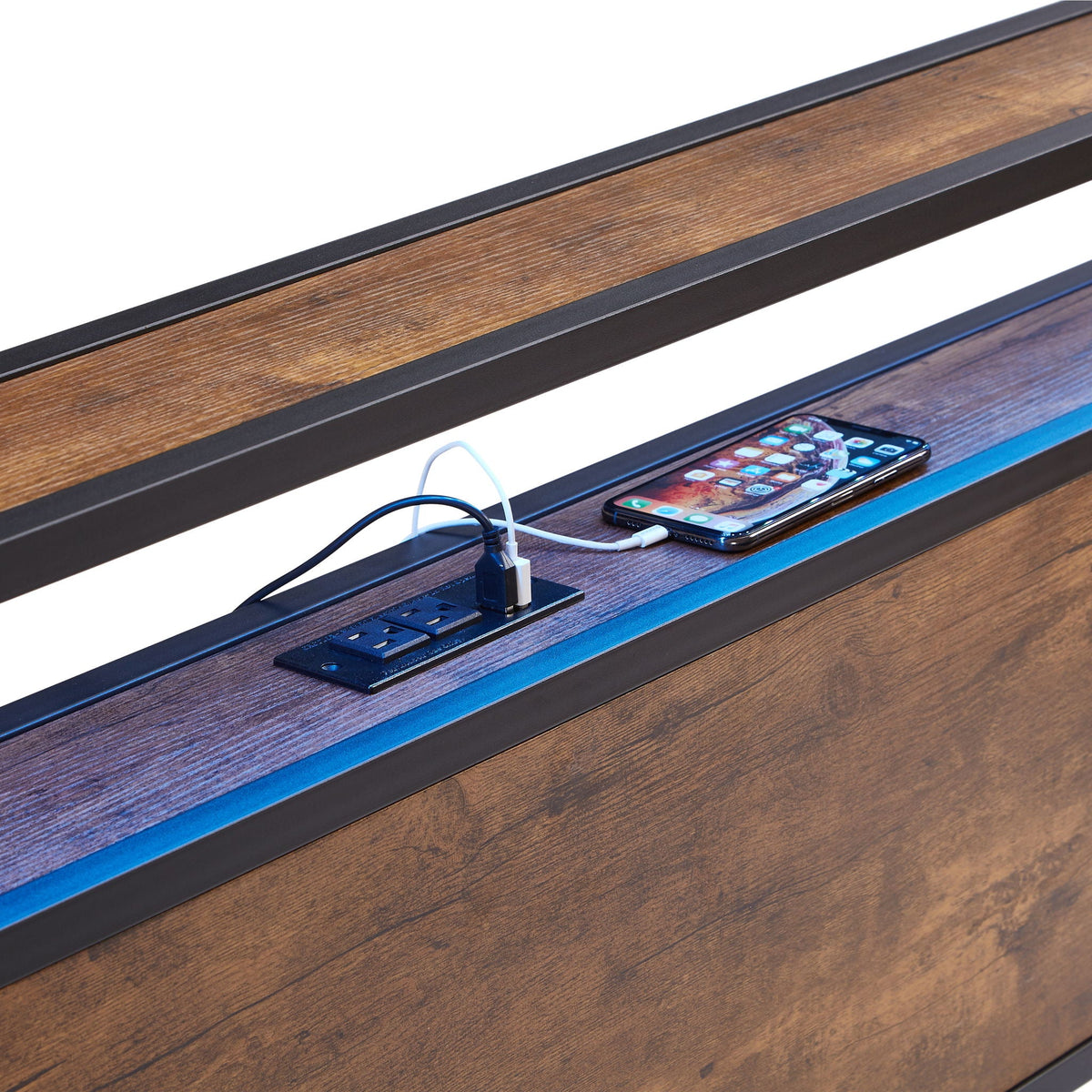 Metal Platform Bed Frame with Wooden Headboard and USB - Dark Brown
