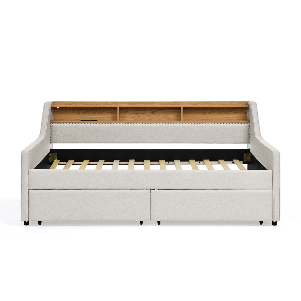 Twin Upholstered Sofa Bed with LED Lights and Storage Drawers - Beige