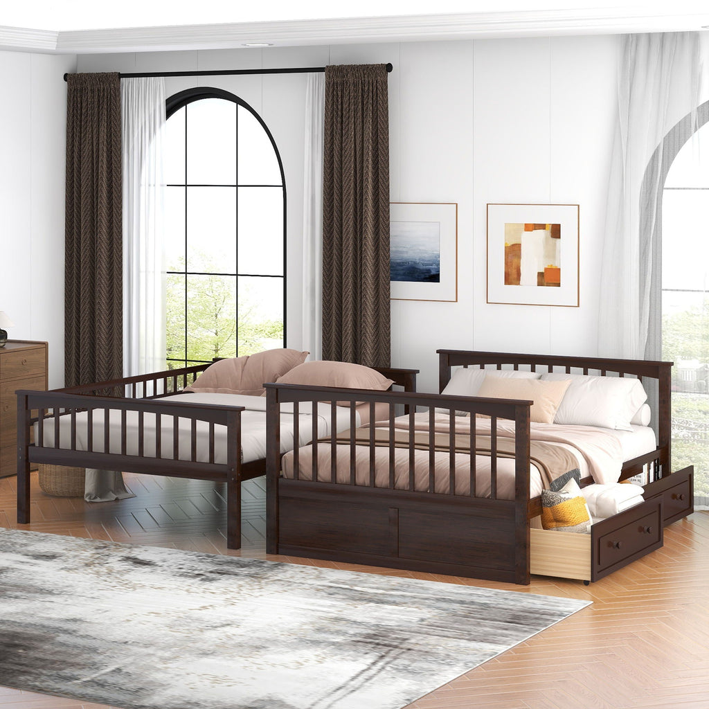 Convertible Bunk Bed With Drawers - Solid Wood with Storage - White, Dark Brown or Dark Gray
