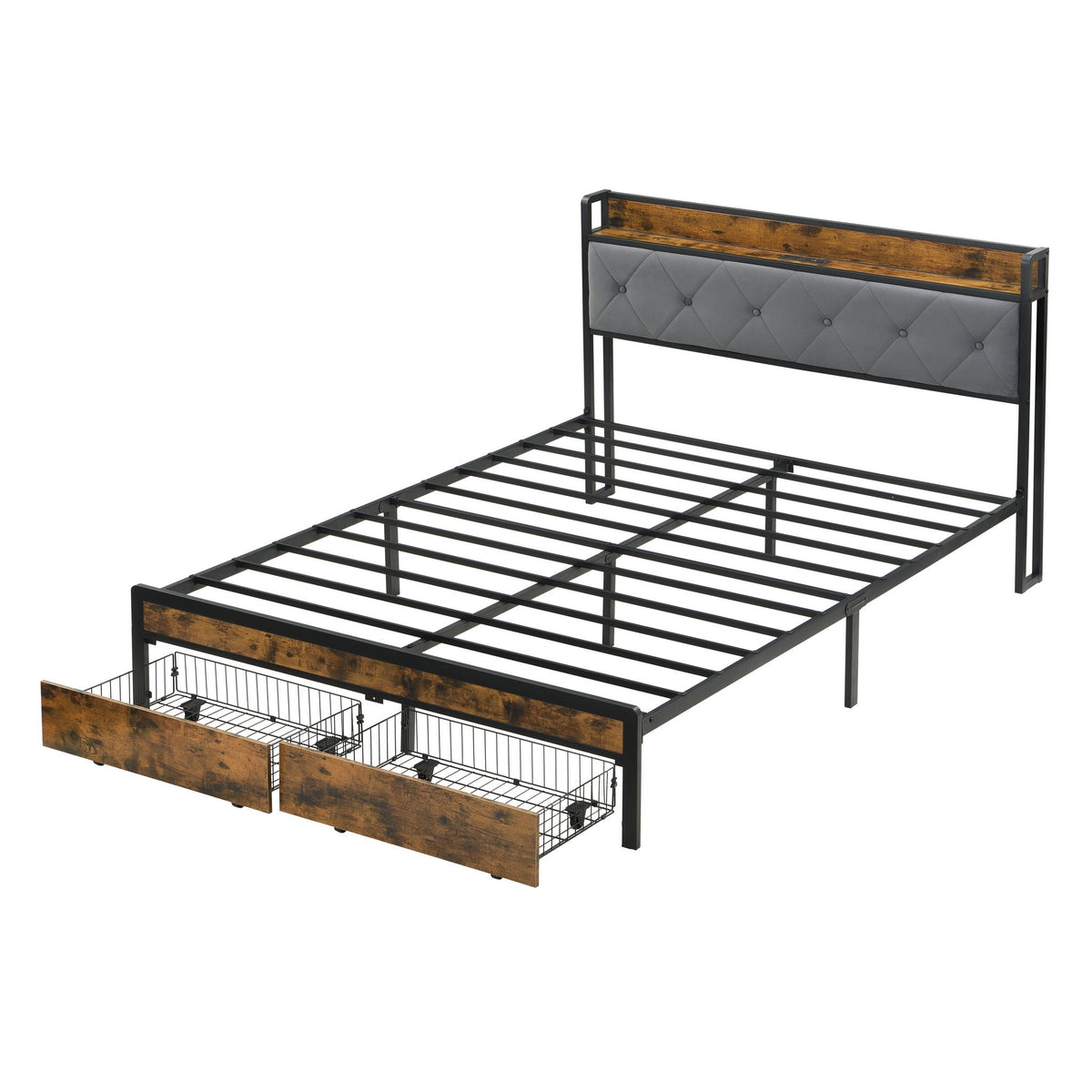 Modern Bed Frame with LED Lights and USB Charging - Light or Dark Brown