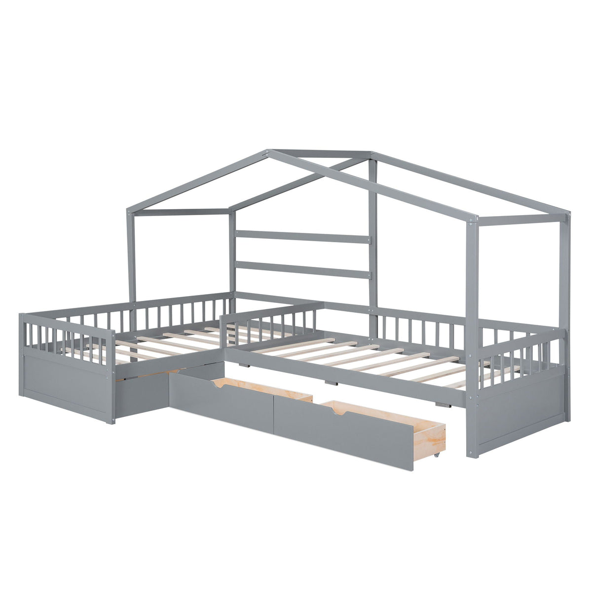 L Shape Twin Platform Bed with 3 Storage Drawers - Dark Gray or White