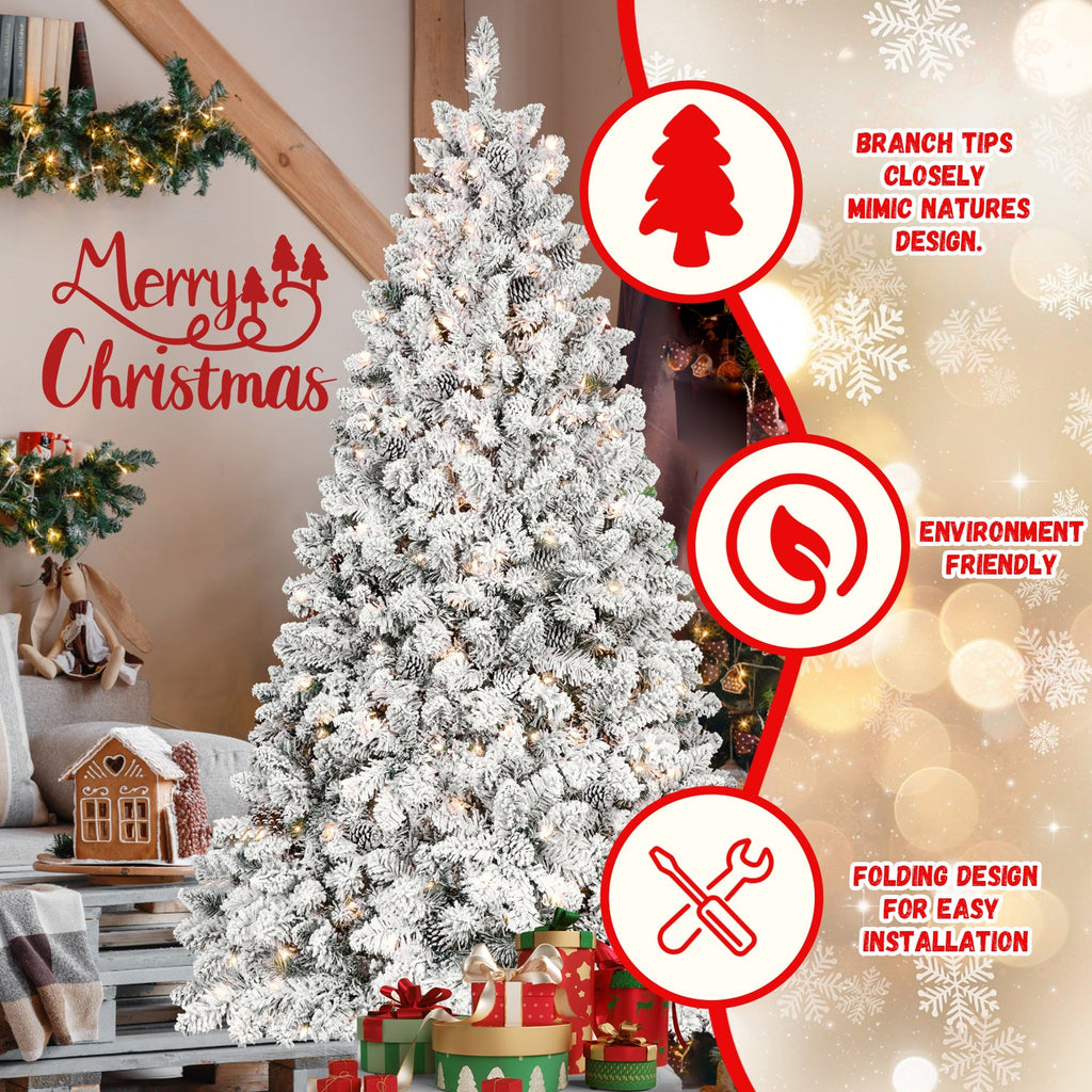 9FT Flocked Christmas Tree with 850 UL Lights and Real Pine Cones