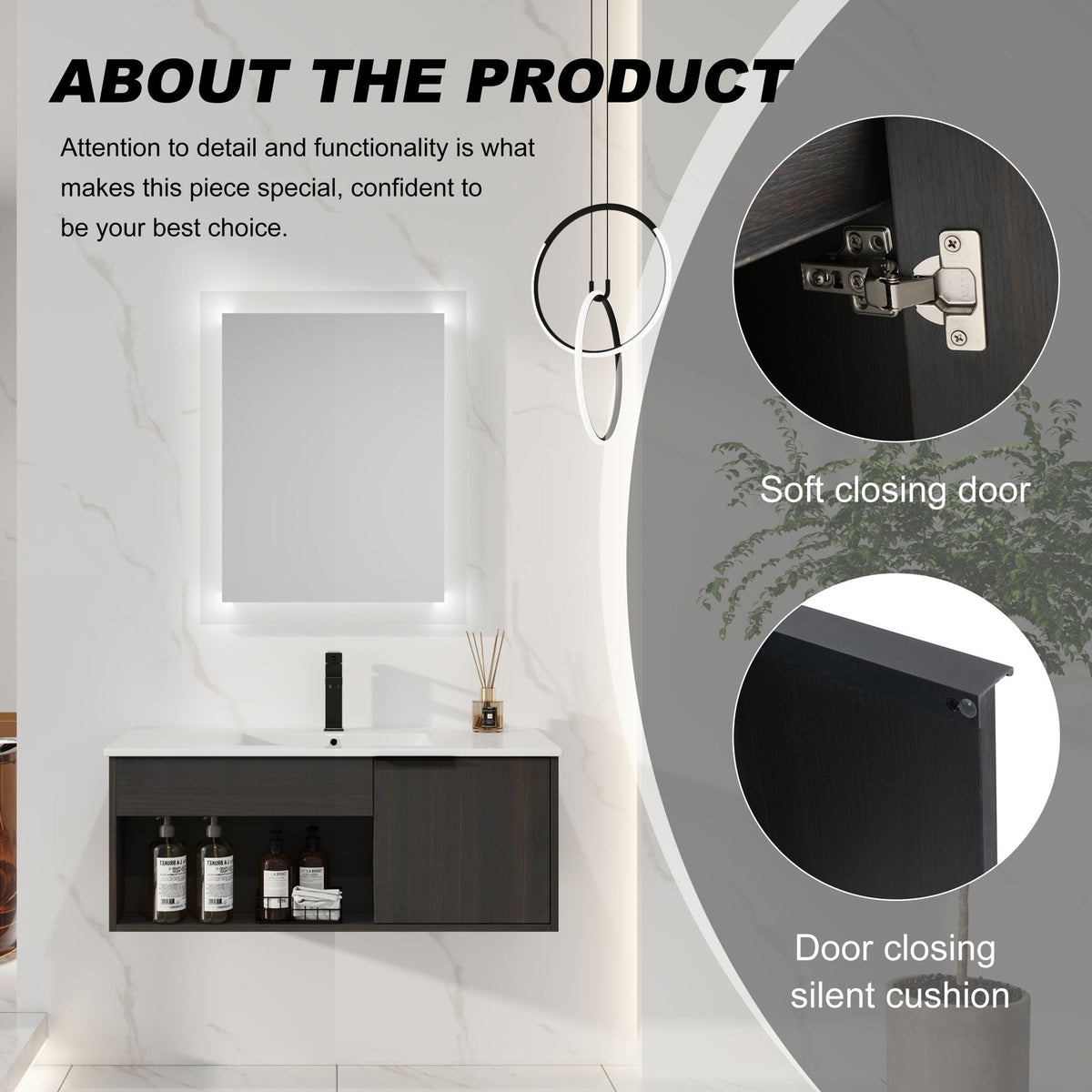 Wall Mounted Floating Bathroom Vanity with Open Shelf & Soft Close Door - Dark Brown