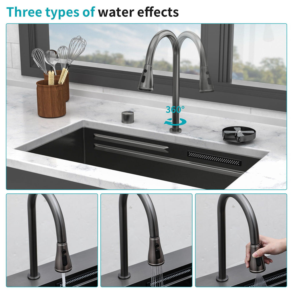 Undermount Stainless Steel Kitchen Sink with Pull Down Faucet & Ledge Workstation - Gray or Black