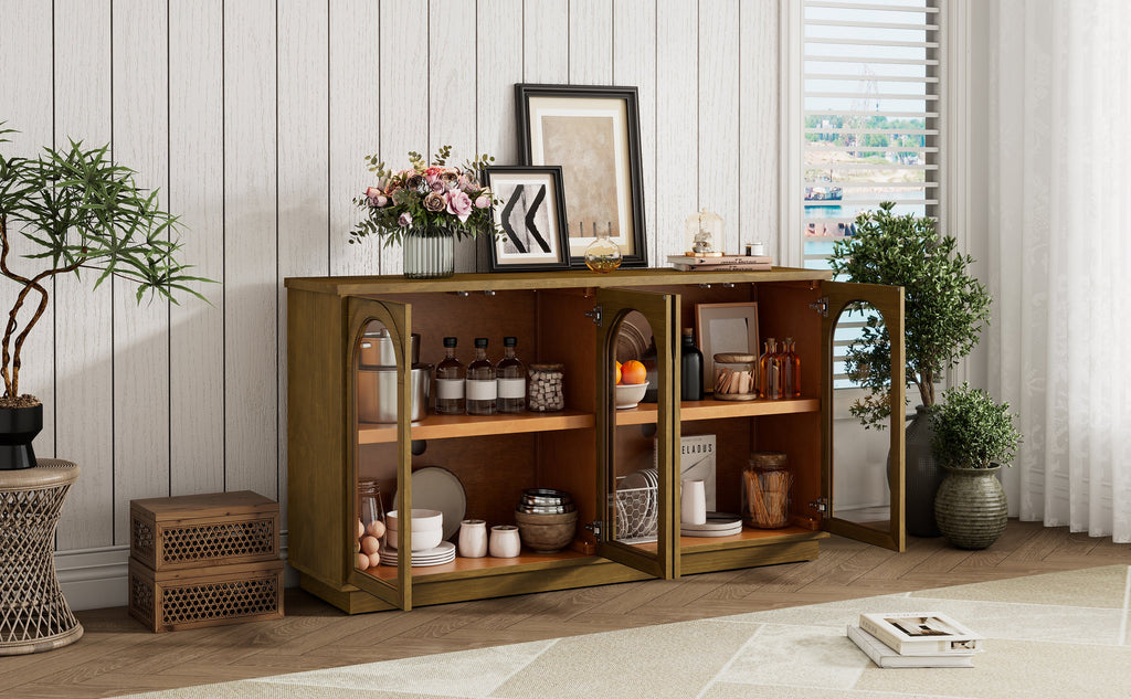 Large Storage Buffet Cabinet with Glass Doors - 4-Door Server, MDF & Pine Wood