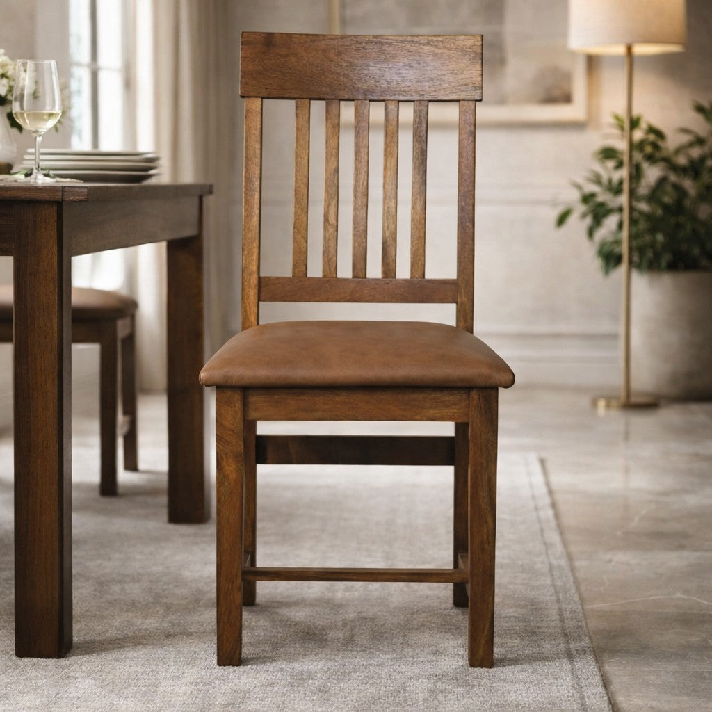 Solid Wood Leather Slatted Dining Chair with Slatted Back – Brown
