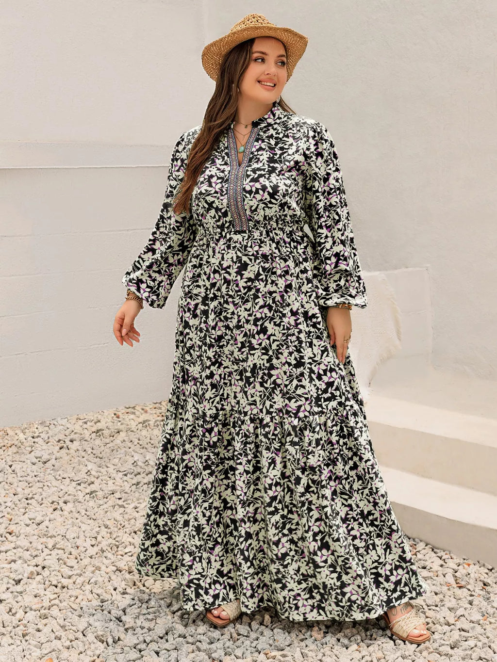 Plus Size Floral Print Long Sleeve Tiered Maxi Dress