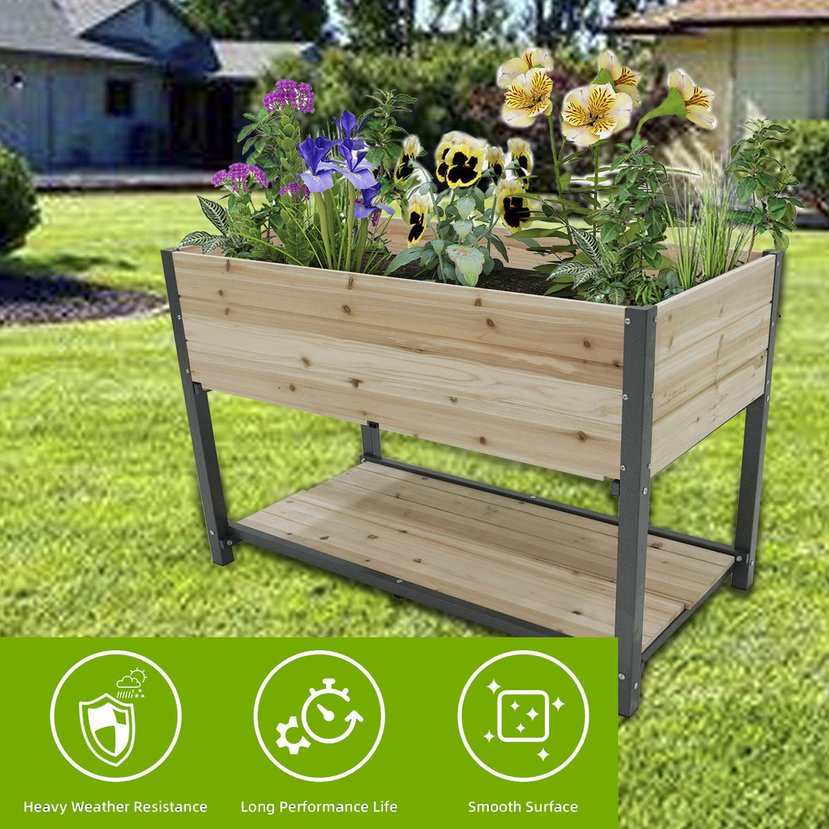 45" Iron-Wood Garden Bed with Storage Racks - Wood Finish